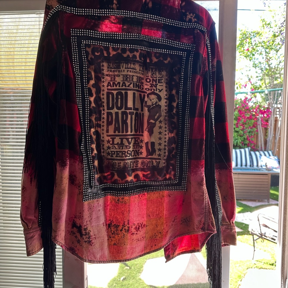 Dollywood Inspired Red Plaid Fringe Graphic Shirt